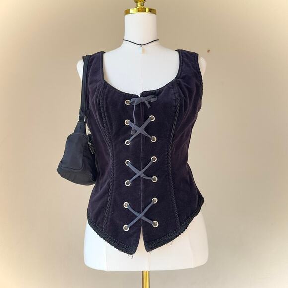 Shrine Tops - Vintage Shrine of Hollywood Goth Deep Purple Velour Lace Up Corset Top - Size XL